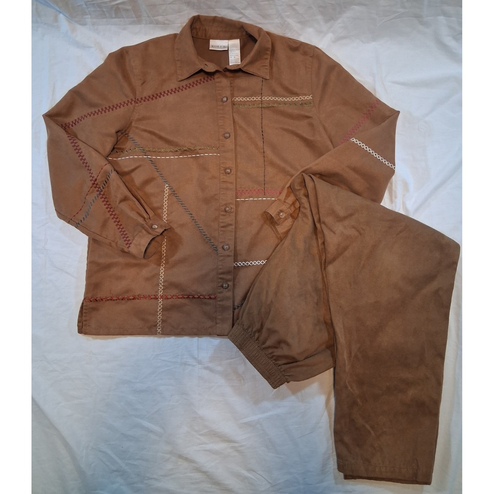 Vintage Koret Brown Faux Suede 2 Piece Set Shirt Jacket Pants Stitching Medium